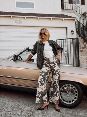 12th Tribe Wide-Leg Camouflage Print Pants in Beige and Olive